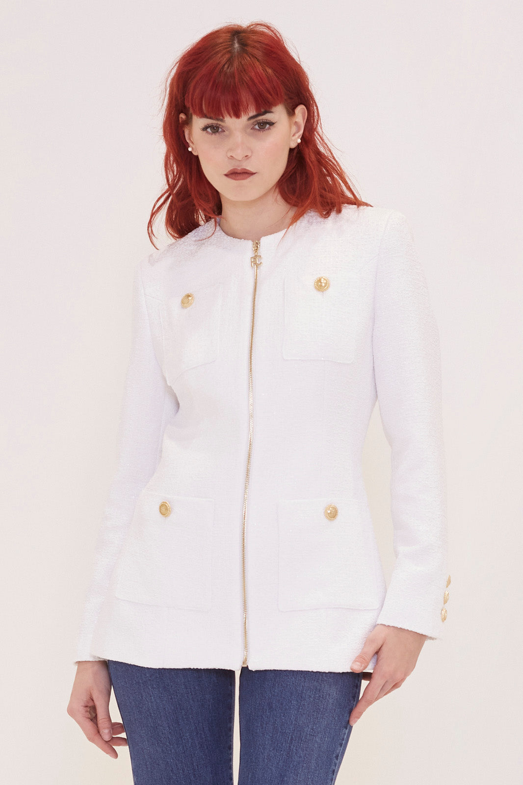 Emma white jacket with zip and gold buttons FC